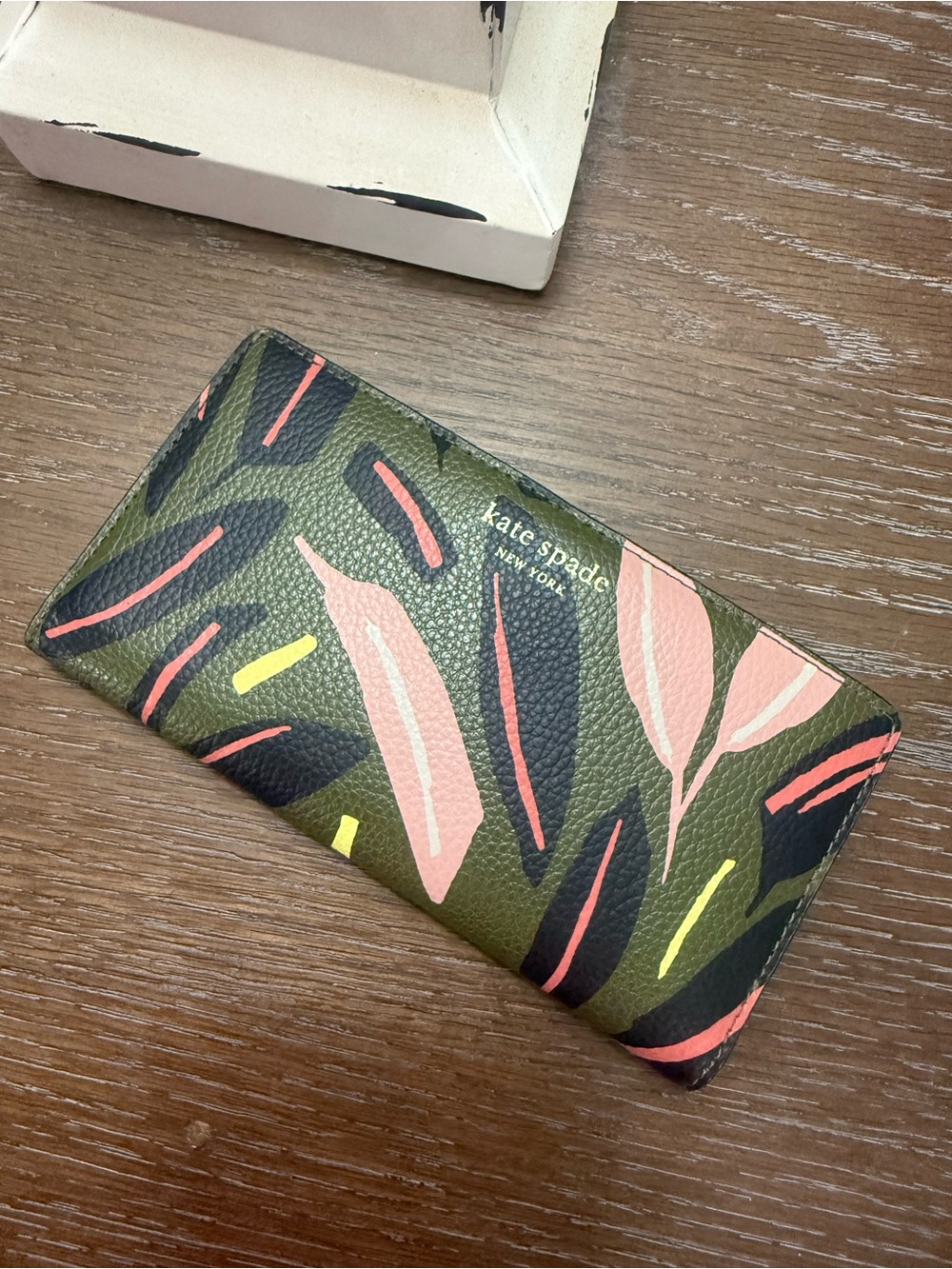 kate spade Olive Green Floral Print Zip Wallet with Pink Accents